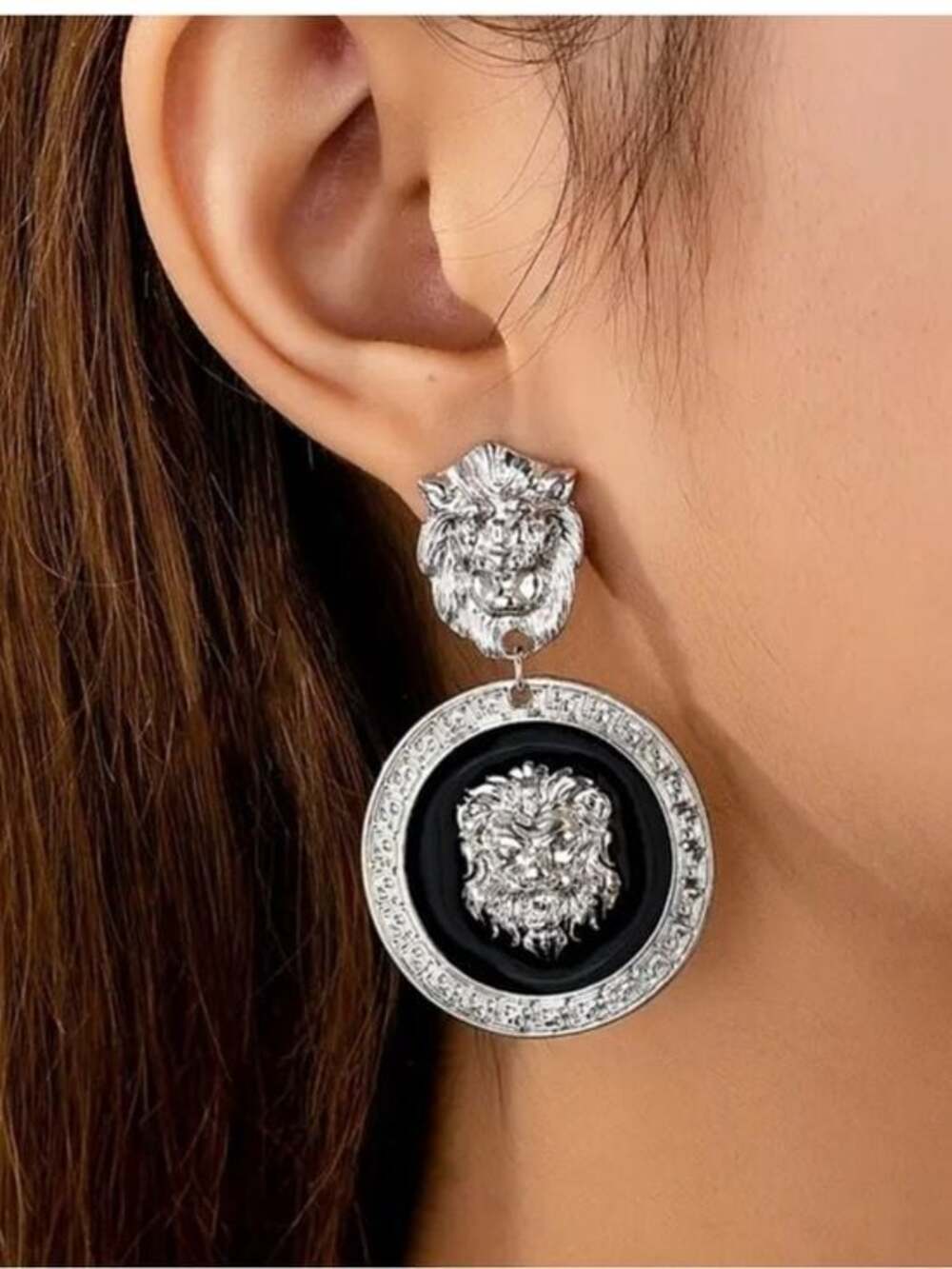 Majestic Silver and Black Lion Earrings